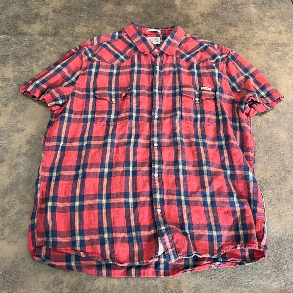 Lucky Brand Western Shirt Mens XXL Red Plaid Linen Pearl Snap California Slim